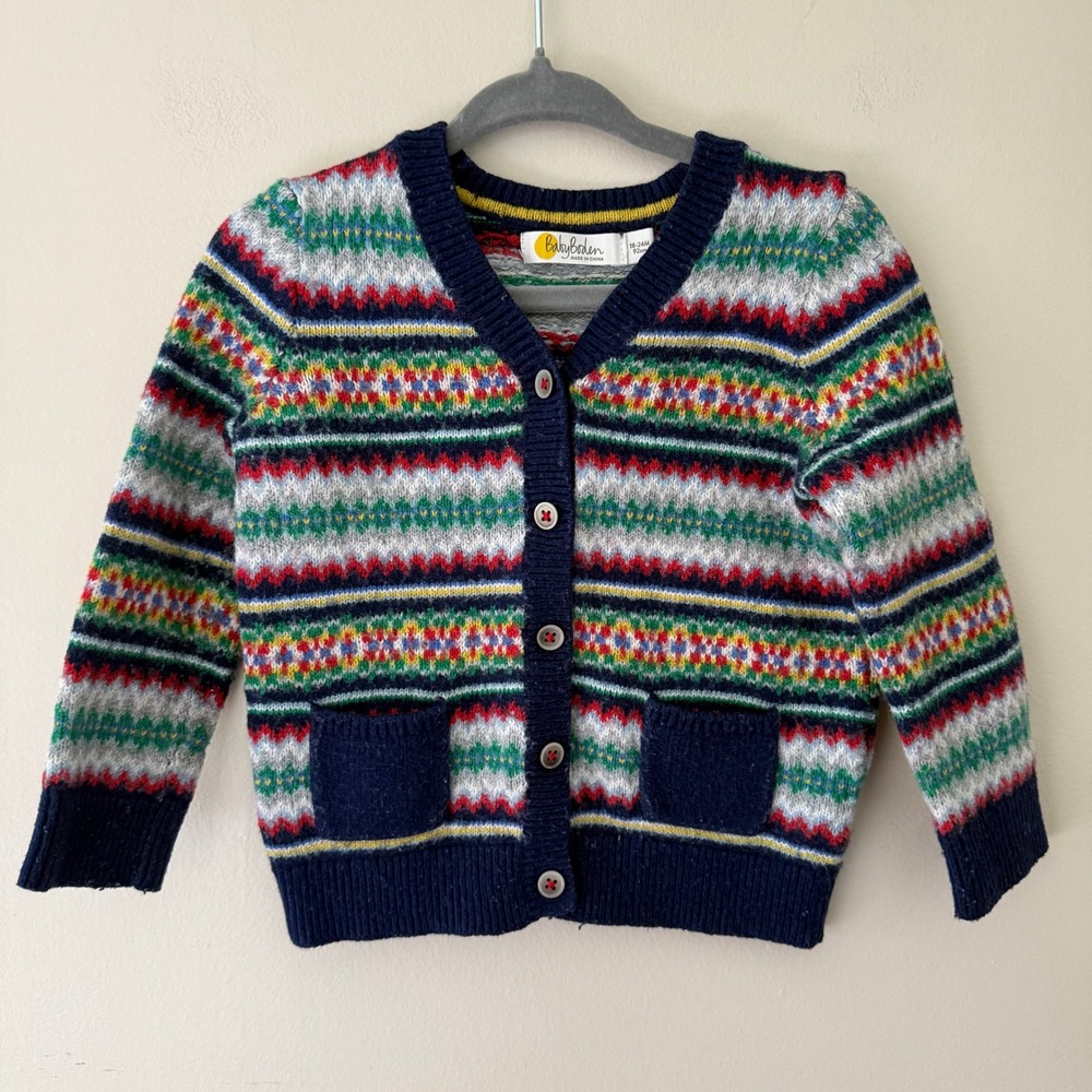 Baby Boden Toddler Fair Isle Knit Cardigan Sweater Navy Multi Color 18-24M 92cm